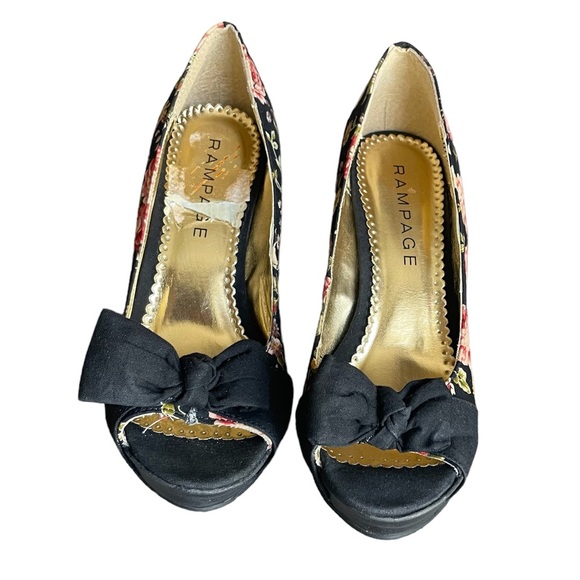 Rampage Womens 7 Black Pink Floral Print Stiletto High Heels Peep Toe Bow Shoe - Picture 9 of 13